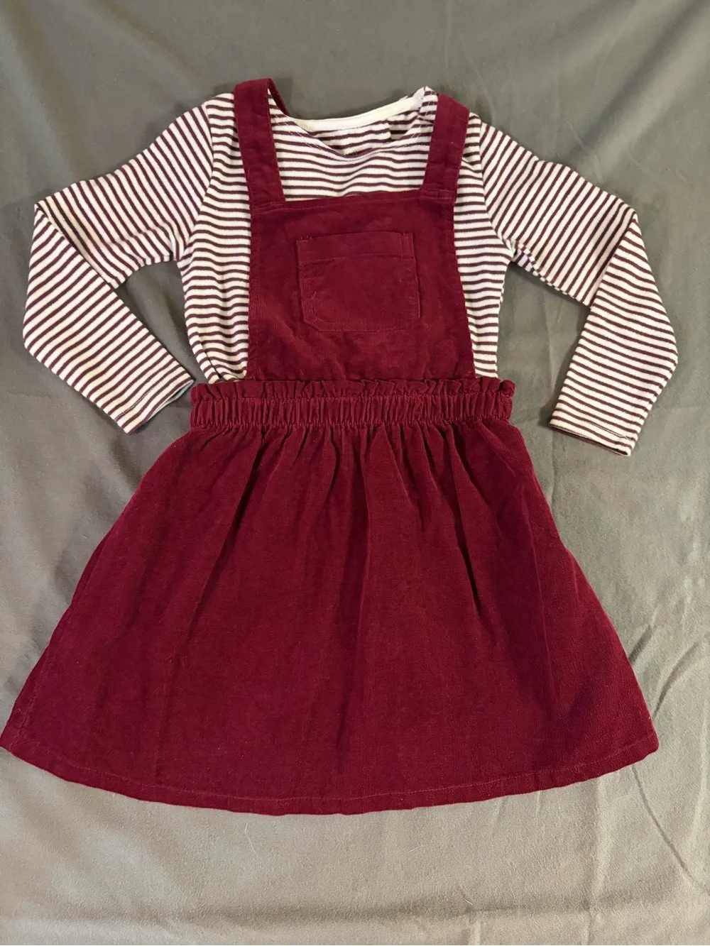 Cat n Jack Burgundy Corduroy Pinafore Dress H&M White & Burgundy Striped Top